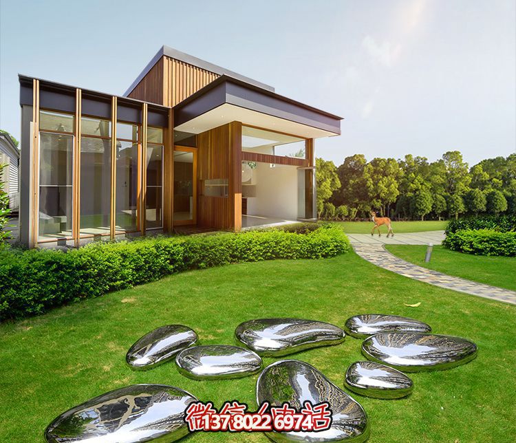 高端室內(nèi)草坪裝飾，不銹鋼雕塑鏡面石頭安放