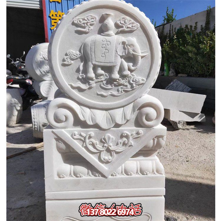天然石材浮雕太平吉祥抱鼓石，點(diǎn)綴別墅門口