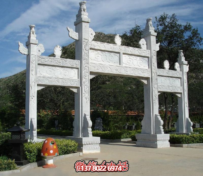 精致園林景觀，漢白玉華表浮雕祥云門樓石牌坊