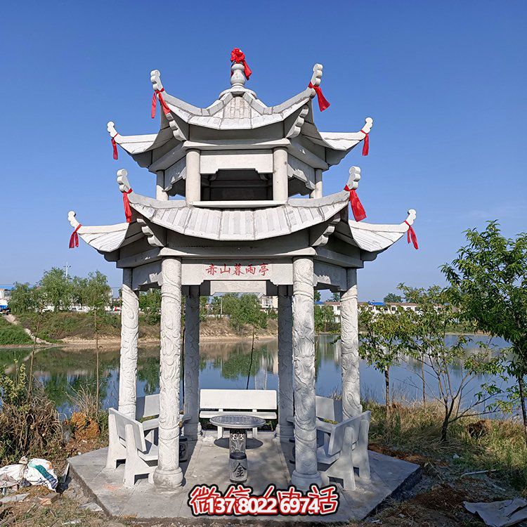 古典風(fēng)格仿古青石二層涼亭，提升園林戶外休息體驗