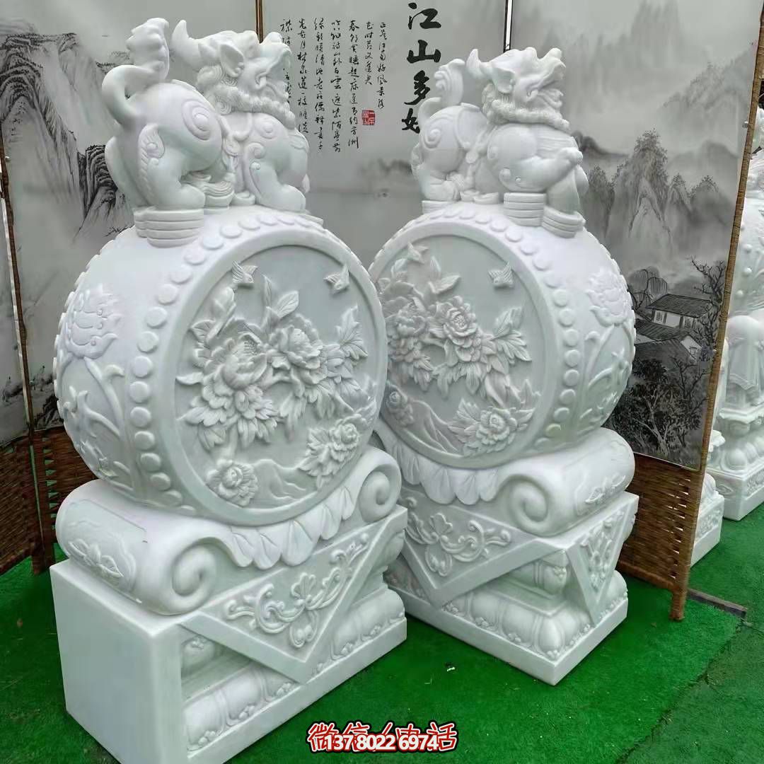 天然優(yōu)質(zhì)漢白玉浮雕麒麟抱鼓石，裝點你的庭院門口
