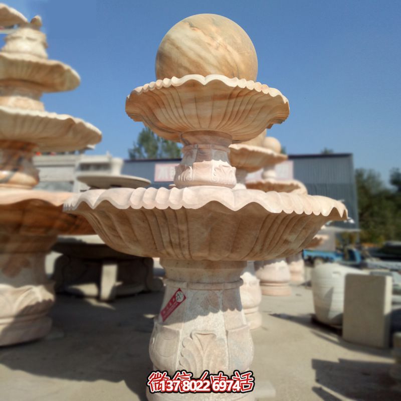 私家庭院風水紅景觀，點綴晚霞夢幻雕塑噴泉