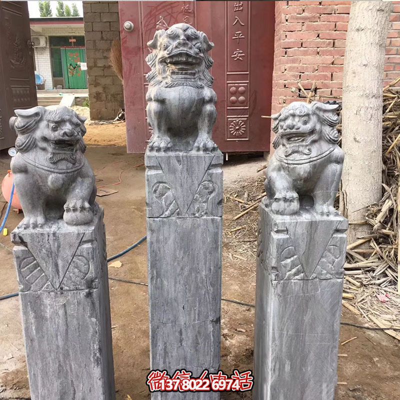 經典仿古石獅子拴馬柱擺件，點綴園林