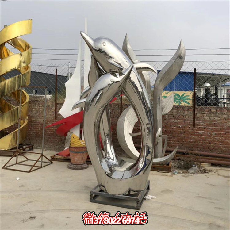 精美不銹鋼海豚雕塑，為您的戶外廣場增添水景鏡面美感