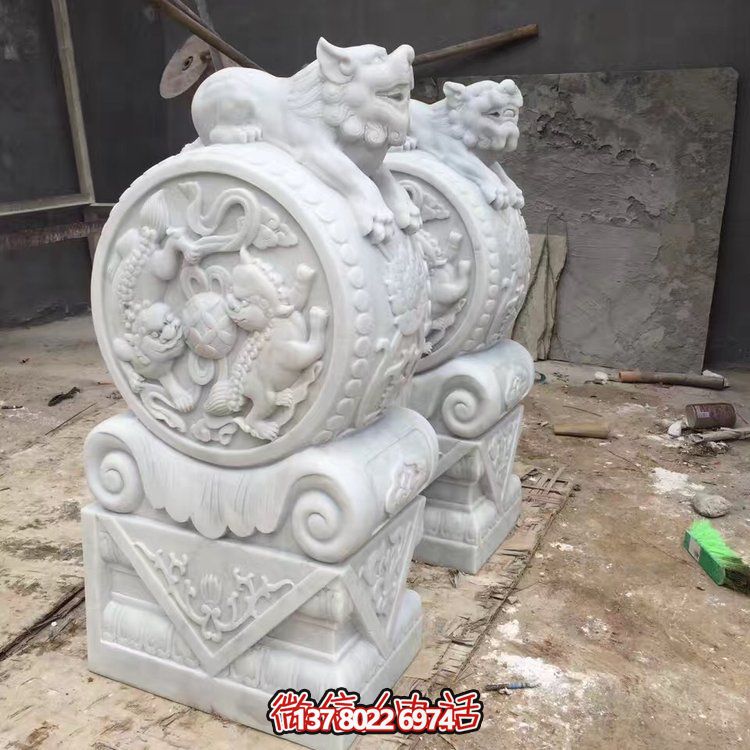 精美大理石石雕抱鼓雕塑，裝點別墅庭院門口
