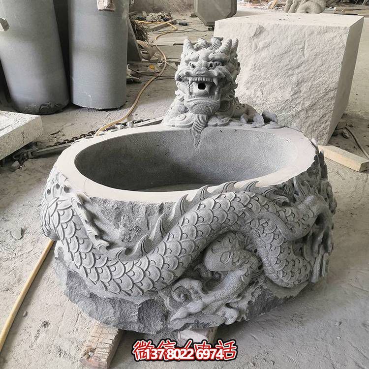 仿古石缸水缸青石龍形浮雕雕塑，為您的庭院增添一抹古樸