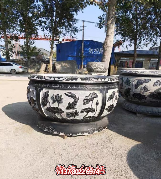古典仿古石雕魚缸，添點家園庭院荷花水景
