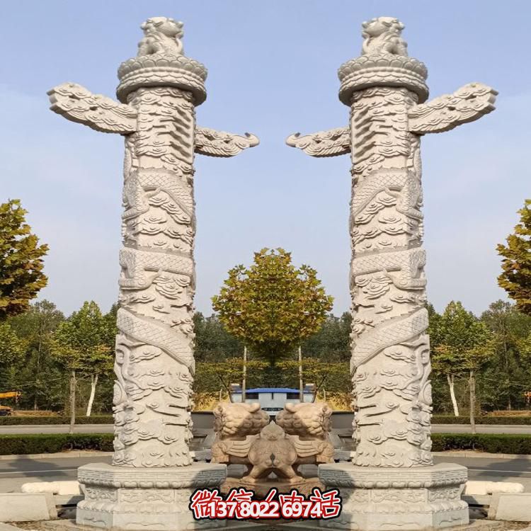 精美大理石手工雕刻龍紋華表雕塑，點(diǎn)綴廣場(chǎng)美景