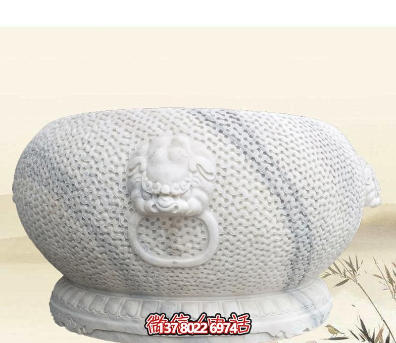 精美狴犴圓形雕塑，點綴庭院水缸浮雕