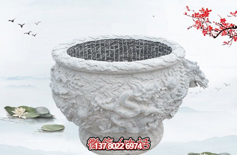 漢白玉石雕龍浮雕水缸雕塑，為庭院增添優(yōu)雅氣息