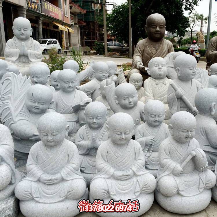 天然砂巖雕刻小沙彌擺件，美麗景致精美寺院家居裝飾