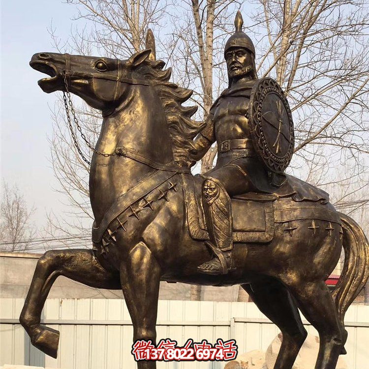 西方古代的騎馬士兵銅雕，手持盾牌騎馬身上的西方戰(zhàn)士